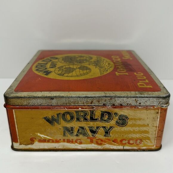 ANTIQUE~WORLD'S NAVY~PLUG SMOKING TOBACCO~3 LB. ADVERTISING LITHO TIN~QUEBEC - Picture 5 of 7